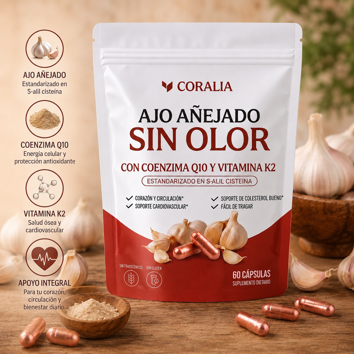 Información nutricional de Resilia Ajo Añejado con CoQ10